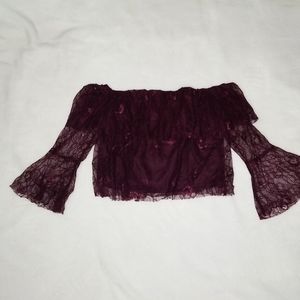 Never worn. Maroon, off the shoulder, lace crop top. Size S from Forever 21.
